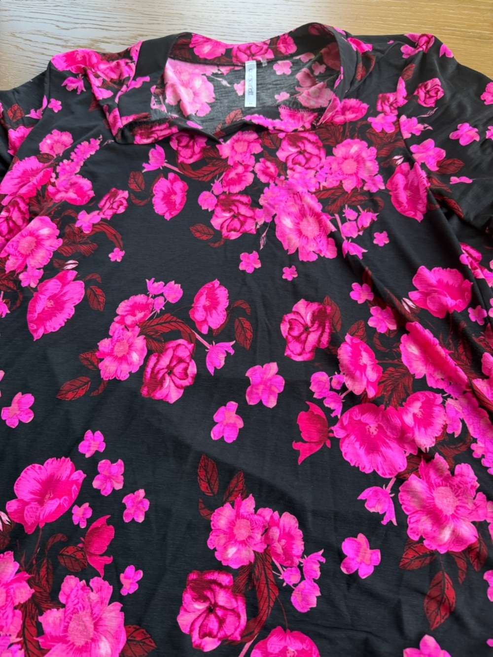 Women's Black Tunic Blouse with Bright Pink Floral Print